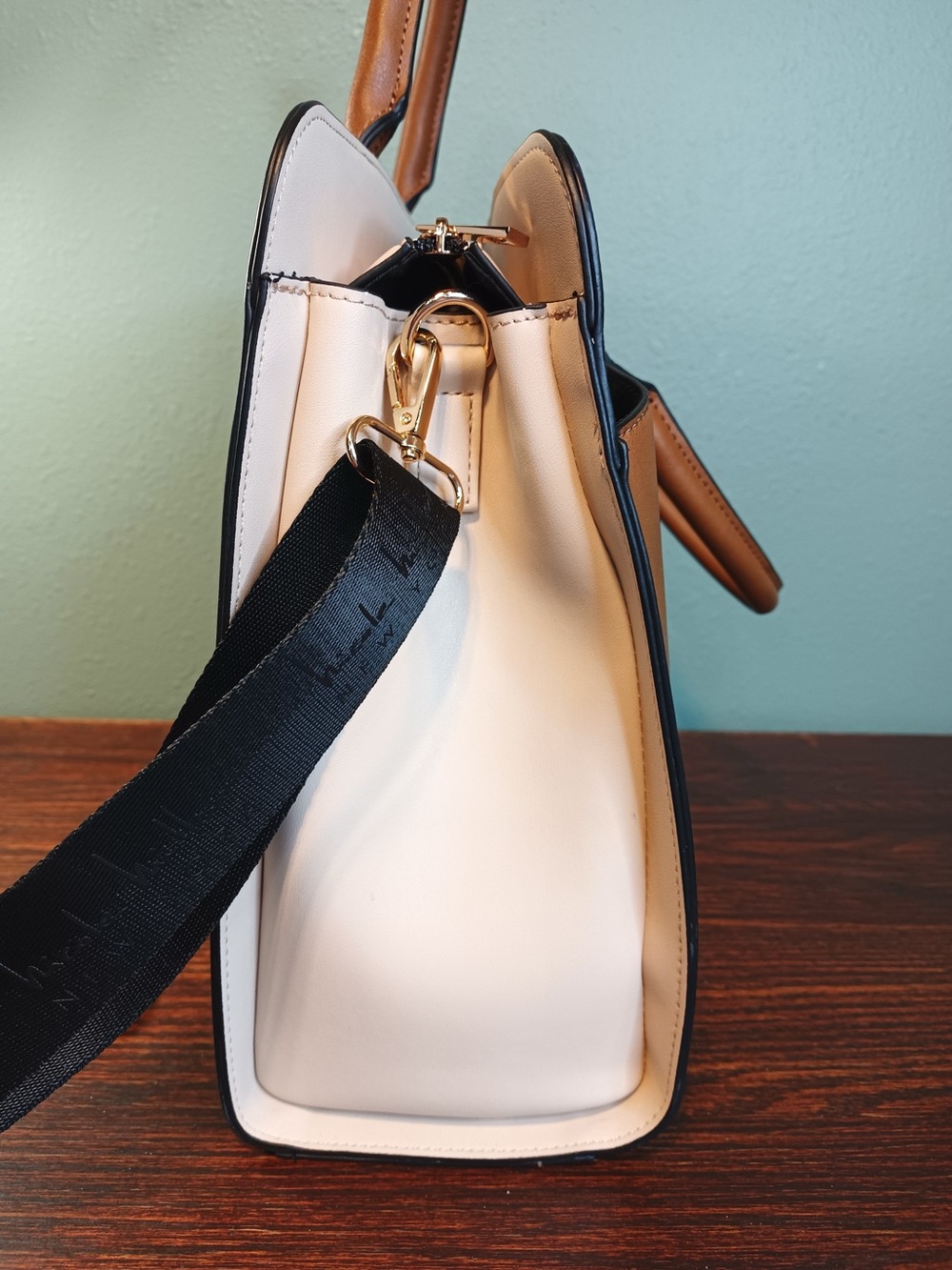 Nicole Miller Satchel with Laptop Sleeve Brown Cream Black Faux Leather - Picture 9 of 16